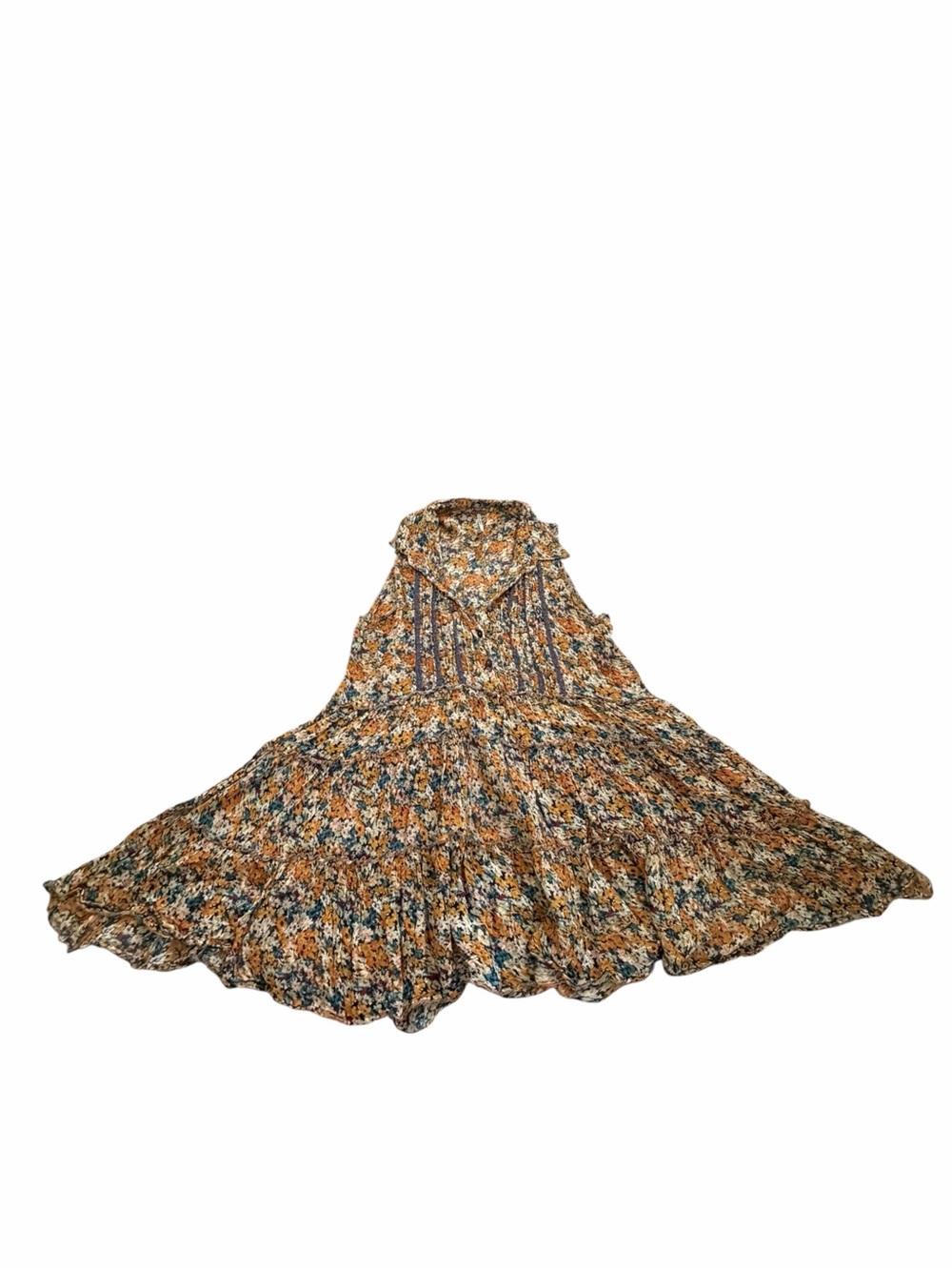 ⁠Free People Floral Tiered Sleeveless Tunic Top XS Mustard Yellow Boho Cotton⁠